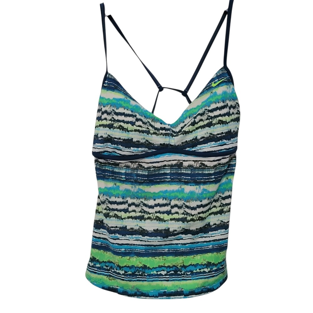 Nike Womens Blue Green Abstract Stripe Tankini Swim Top Size 10 Shelf Bra